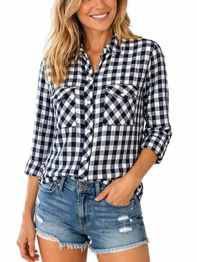 Banana Republic Black White Plaid Shirt Women Small Button Front Gingham Top